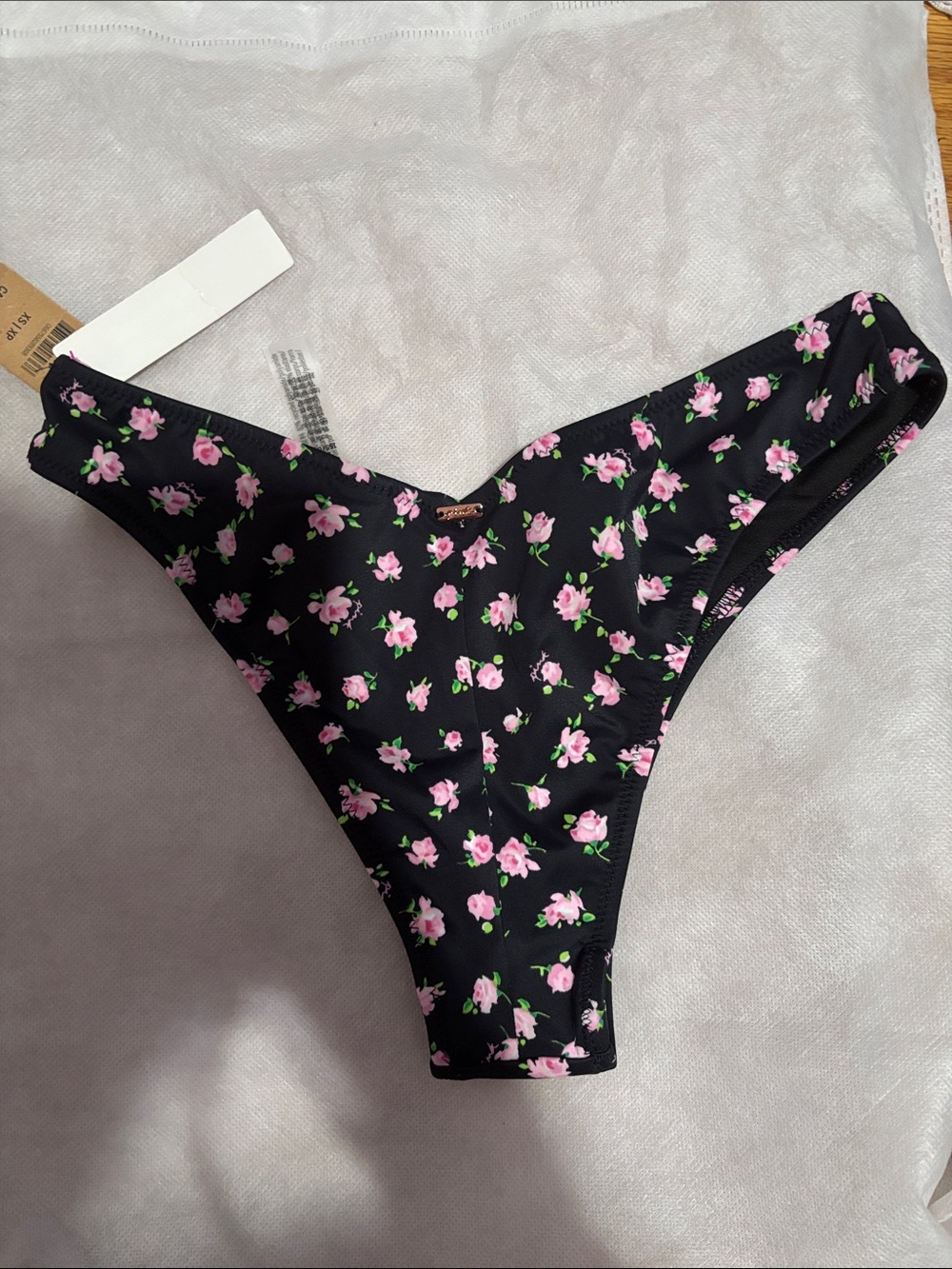 PINK Victoria's Secret Black Floral Bikini Bottoms Xtra Small